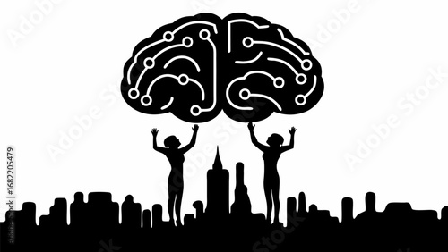 Silhouette of city skyline with two figures holding up a brain with circuit patterns above the buildings
