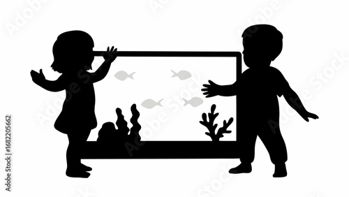 Silhouette of girl and boy looking at aquarium with fish and coral in black and white illustration