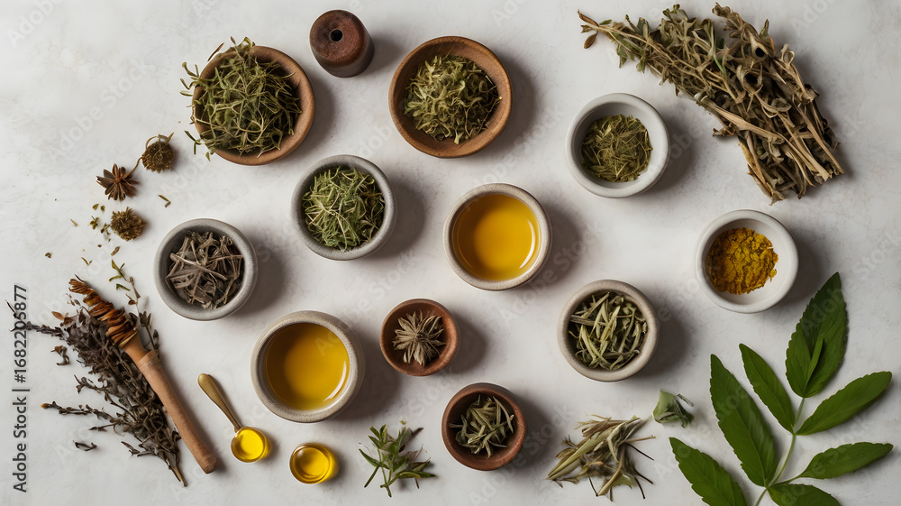 Fototapeta premium Alternative Medicine and Botanical Remedies – High-Resolution Flat Lay