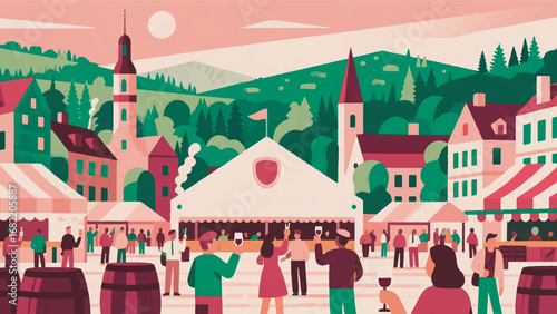 Illustration of Crowded City with Wine Festival Atmosphere Design Template with Urban Background