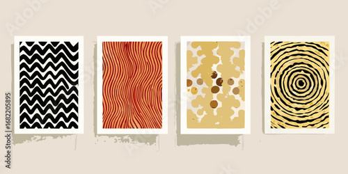 Set of four abstract minimalist geometric art prints with wavy lines and organic shapes in earthy tones