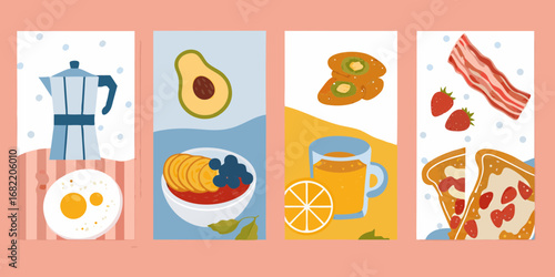 A vibrant collection of four illustrated breakfast scenes featuring coffee fruit bowls juice and bacon toast