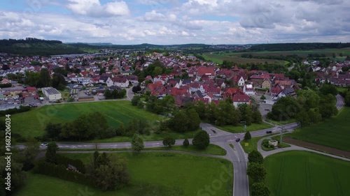 Aerial view of the old town city Ötisheim in Germany on a late sunny day in summer. 