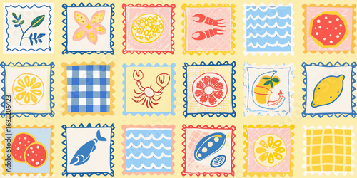 Whimsical hand drawn stamp collection featuring food nature and patterns on yellow background