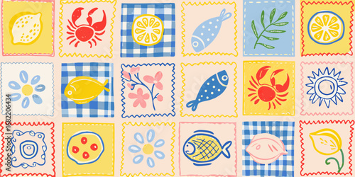 Whimsical hand drawn summer beach icons featuring crabs fish lemons flowers and sun on a patchwork background