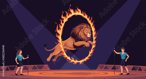 Daring lion leaps through fiery hoop in thrilling circus performance with trainers