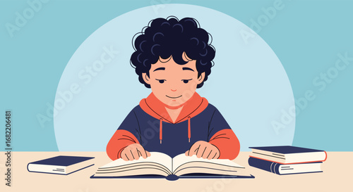 Happy boy engrossed in reading a book, learning and exploring new worlds with curiosity and joy.
