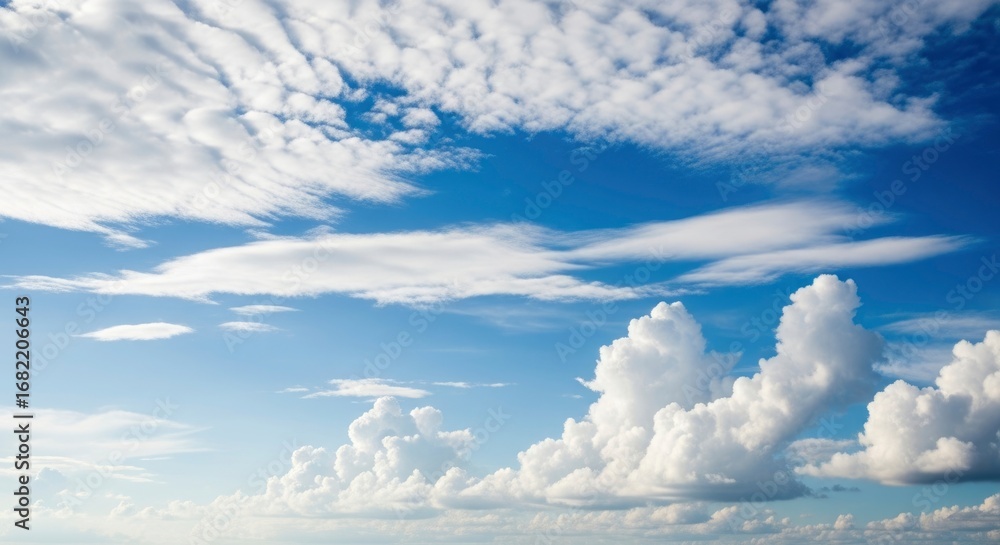 Fototapeta premium A stunning blue sky filled with a variety of white clouds, from wispy cirrus to fluffy cumulus, creating a serene and expansive natural backdrop.