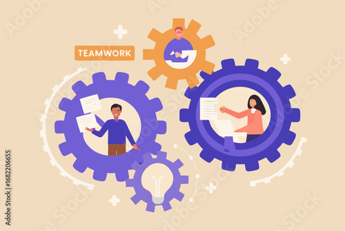 Diverse team members collaborate and work together like gears in a machine to achieve a common goal