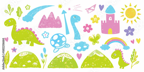 Cute hand drawn dinosaurs castle sun rainbow clouds mountains flowers and butterfly for kids