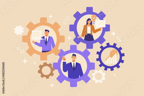 Business team collaboration and synergy represented by people inside interlocking gears with icons of success and ideas