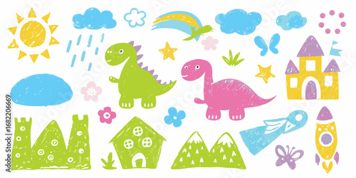 Cute hand drawn cartoon dinosaurs castles rocket rainbow sun clouds and butterflies for kids