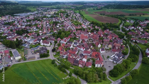 Aerial view of the old town city Ötisheim in Germany on a late sunny day in summer. 