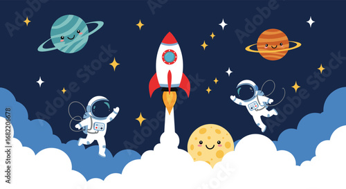 Exciting space adventure awaits with astronauts, planets, and a soaring rocket among the stars