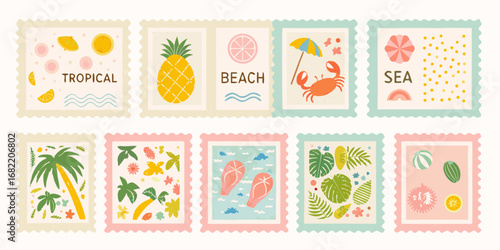Collection of eight colorful and whimsical summer vacation themed postage stamps