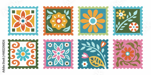 Collection of eight colorful decorative postage stamps featuring stylized floral designs and patterns