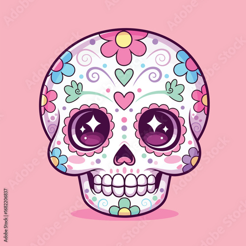Cute sugar skull decorated with colorful flowers smiles sweetly on a pink surface, celebrating the Day of the Dead with a cheerful vibe.