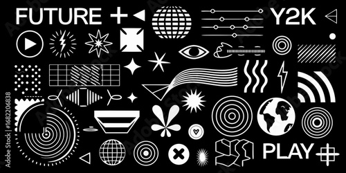 Retro futuristic y2k graphic design elements and symbols with text future and play