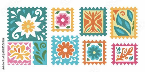 Collection of eight colorful postage stamps featuring floral and abstract designs in a folk art style