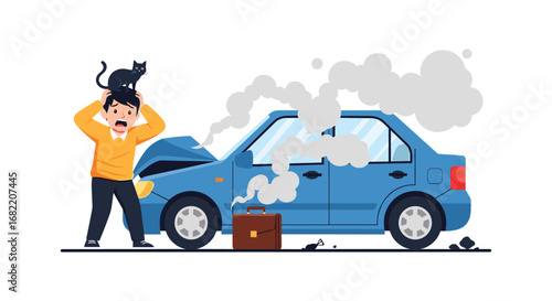 Man panics with cat on head as car smokes after accident, briefcase nearby