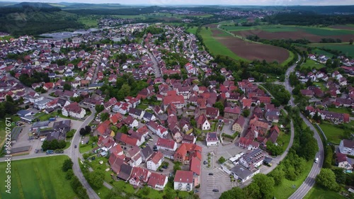 Aerial view of the old town city Ötisheim in Germany on a late sunny day in summer. 
