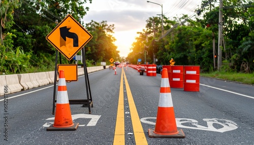 Road construction zone—orange cones and barrels, yellow winding arrow sign, striped barricades, multi-lane street with trees, daylight; traffic control and safety in action.