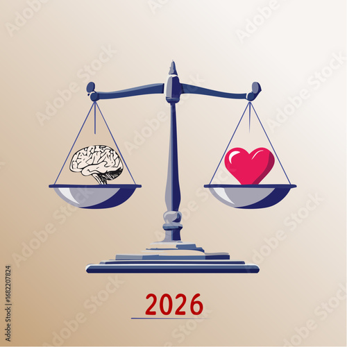 2026 Work-Life Balance. A simple, balanced scale icon.  On one side is a brain icon representing work, and on the other is a heart icon representing life.
