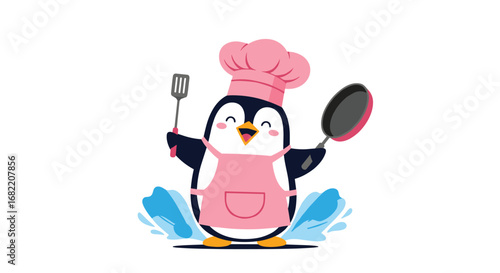 Joyful penguin chef with spatula and pan ready to cook in a splash of water