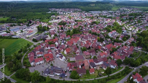 Aerial view of the old town city Ötisheim in Germany on a late sunny day in summer. 