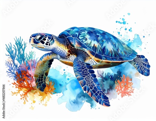 Fototapeta Naklejka Na Ścianę i Meble -  Watercolor painting of a sea turtle swimming near coral reefs, with splash effects