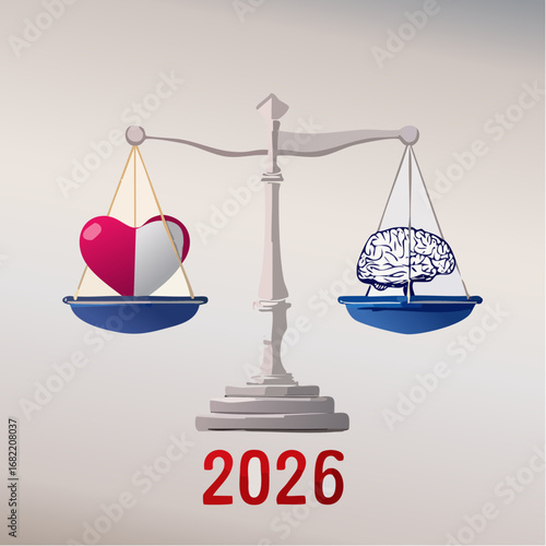 2026 Work-Life Balance. A simple, balanced scale icon.  On one side is a brain icon representing work, and on the other is a heart icon representing life.
