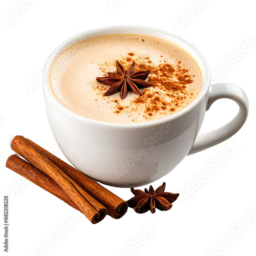 Cozy Cup of Chai Latte Isolated On White Background: A warming cup of chai latte, its creamy texture and inviting aroma are enhanced with star anise and cinnamon sticks.