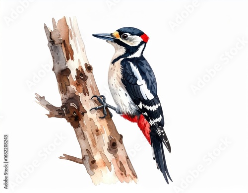 Watercolor depiction of a woodpecker perched on a weathered tree branch