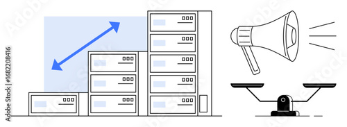 Server stack with an arrow indicating growth, megaphone representing communication, and scale symbolizing balance. Ideal for growth strategy, data management, communication, marketing, equilibrium