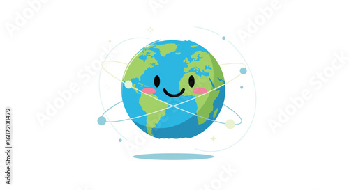 Adorable cartoon Earth character with happy face and orbiting planets, symbolizing global connection and science.