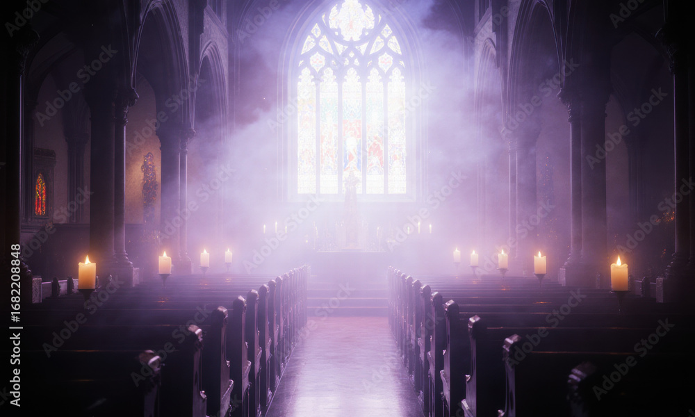 Fototapeta premium Atmospheric Church Interior with Stained Glass Window and Candlelight