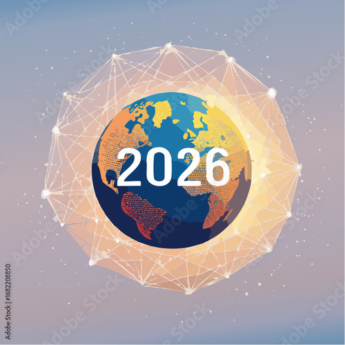 2026 Digital Globe. A vector illustration of a digital globe made of interconnected nodes and lines, with the label "2026" orbiting it.
