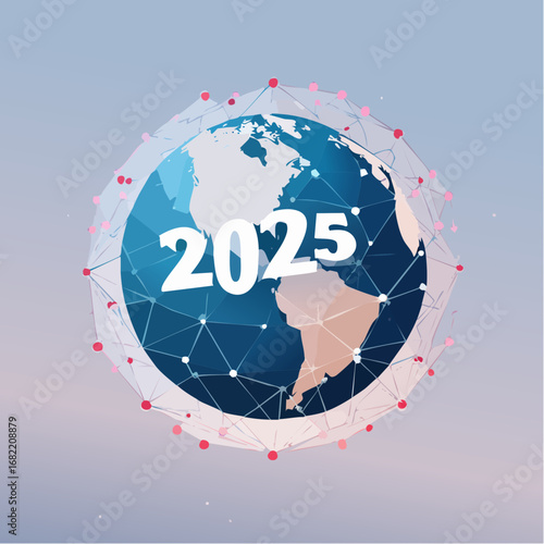 2026 Digital Globe. A vector illustration of a digital globe made of interconnected nodes and lines, with the label "2026" orbiting it.
