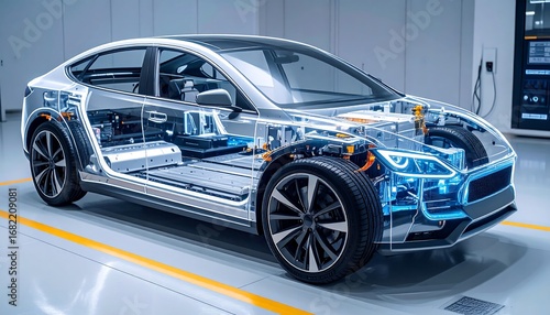 Electric car's internal components displayed in a clean, modern facility.  A cutaway view reveals intricate machinery