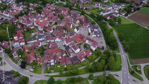 Aerial view of the old town city Ötisheim in Germany on a late sunny day in summer. 