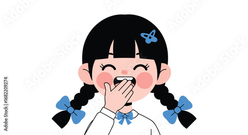 Joyful child with pigtails and blue bows laughing heartily, covering mouth with hand