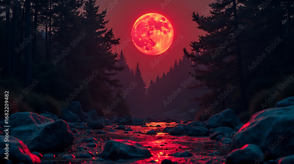 Obraz premium Eerie red moon reflecting in river amidst dark forest night landscape