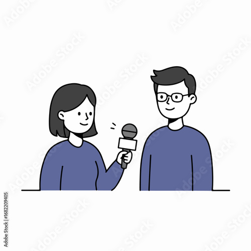 Cartoon illustration of a female reporter interviewing a man with glasses, representing news, media, communication, and public speaking.