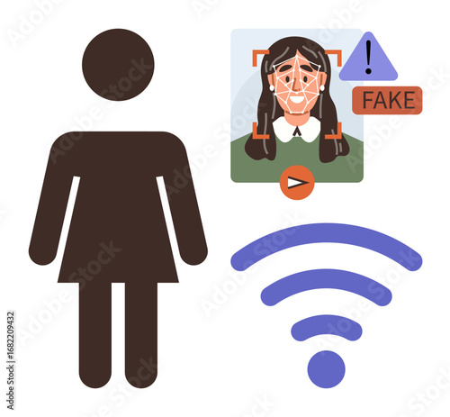 Woman silhouette, face detection interface, warning sign, deepfake tag, and wireless signal. Ideal for technology, cybersecurity, AI, digital ethics privacy concerns identity protection online