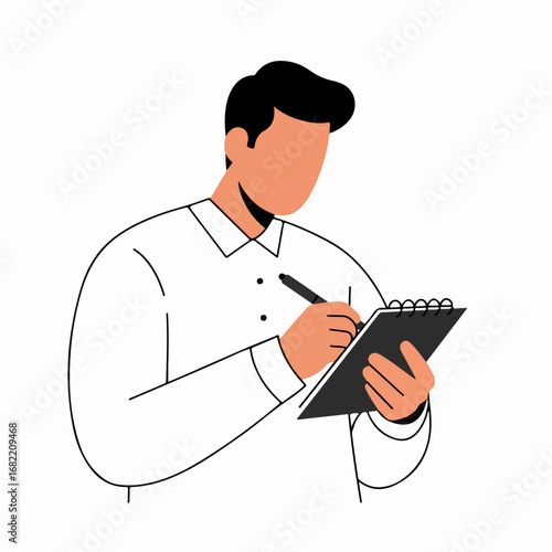 Modern flat illustration of a professional man taking notes on a clipboard, perfect for business, education, and planning concepts.