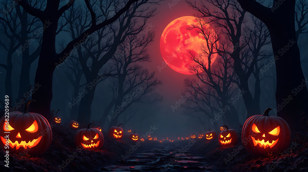 Fototapeta premium Eerie Halloween Night: Illuminated Jack-o'-Lanterns Under a Red Lunar Glow Amidst Dark Trees