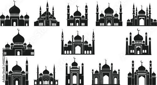 Silhouette set of Islamic mosque icons, Arabic architecture design, Muslim cultural symbols, Eid, Ramadan, religious landmarks, vector illustration