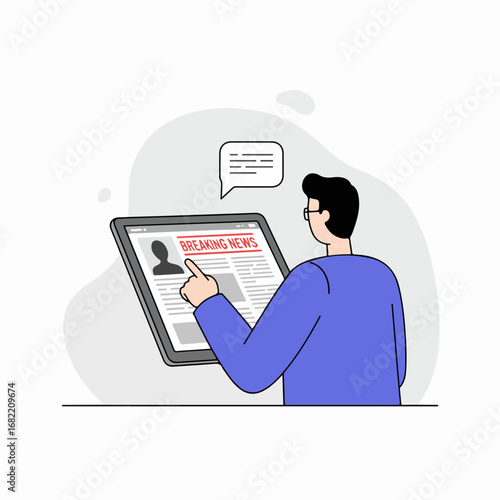 Man reading breaking news on a digital tablet, interacting with online information and staying informed about current events.
