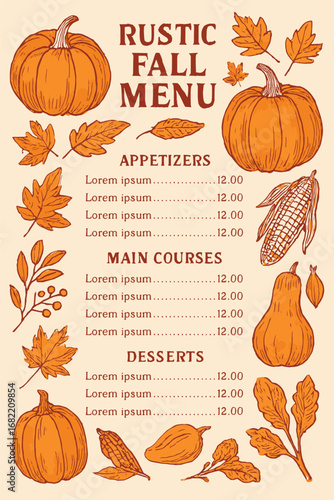 Rustic fall menu design featuring pumpkins, autumn leaves, and warm seasonal elements—ideal for Thanksgiving events, cozy restaurant branding, and autumn meal presentations.