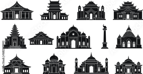 Traditional temple architecture vector set, cultural heritage buildings, historical landmarks, sacred structures, religious places, monument icons, ancient temples, silhouette